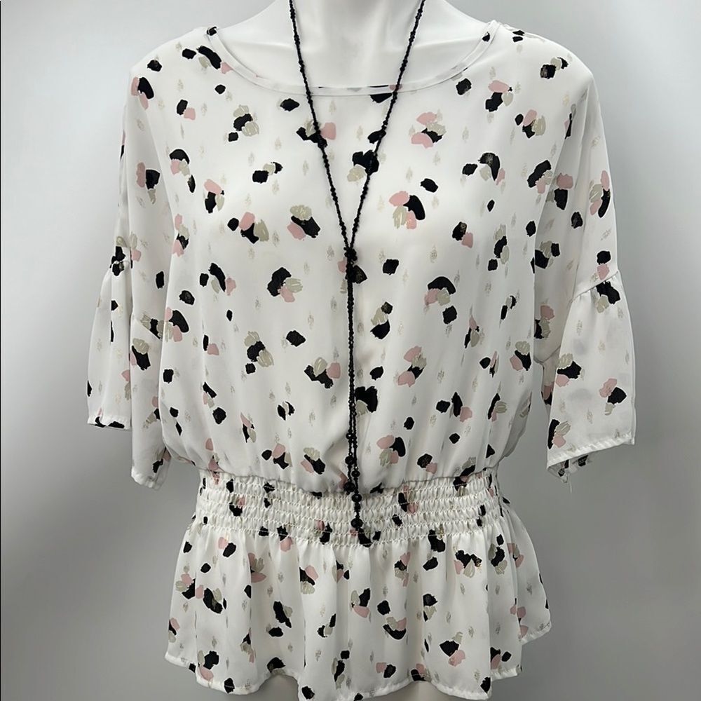 PerSeption Concept White and Black Smocked 3/4 Sleeve Blouse